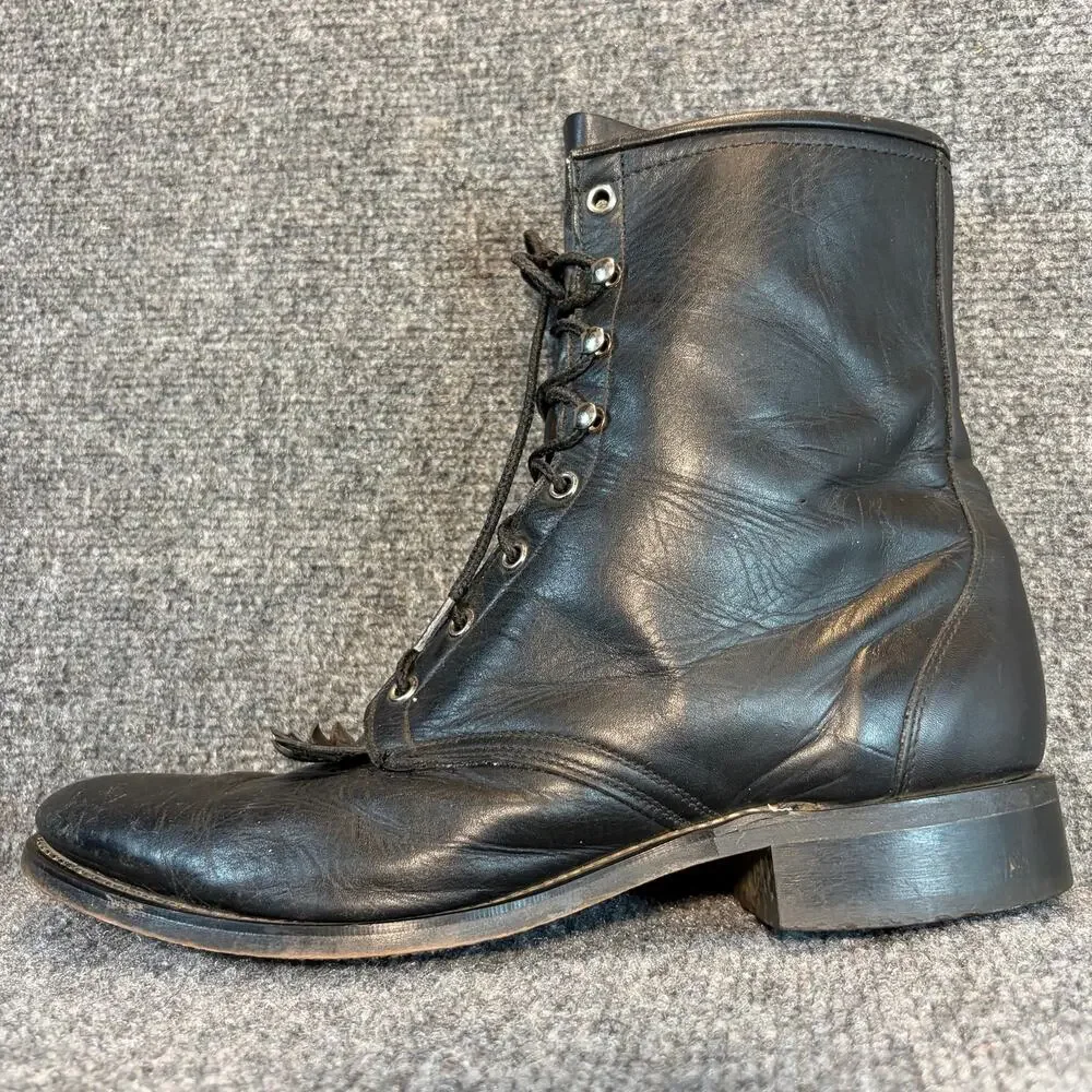 Vintage Justin Black Leather Lace Up Kiltie Military Packer Combat Boots Mens 12